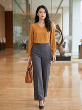 APEKTRA Mustard Gold Crepe V-Neck Puff Sleeve Elegant Top