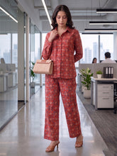 Women's Two Piece Set, Red, Shirts with Wide Leg Trousers, Full Sleeve