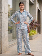 Women's Two Piece Set, Baby Sky Blue, Shirts with Wide Leg Trousers, Full Sleeve