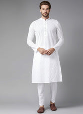 Men White Solid Chikankari Embroidered Mandarin Collar Cotton Kurta (AP31)