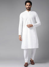 Men White Pure Cotton Chikankari Embroidered Straight Kurta (AP28)
