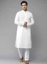 Men White Geometric Embroidered Chikankari Pure Cotton Kurta (AP29)