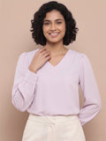 APEKTRA Women’s Elegant Baby Pink Crepe V-Neck Puff Sleeve Top