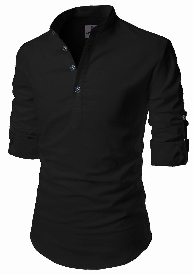 Men's Cotton Fabric Roll Up Sleeve Black Kurta – Apektra