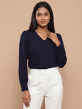 APEKTRA Women’s Elegant Baby Pink Crepe V-Neck Puff Sleeve Top