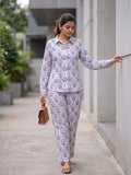 Women's Two Piece Set, Purple, Shirts with Wide Leg Trousers, Full Sleeve
