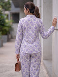 Women's Two Piece Set, Purple, Shirts with Wide Leg Trousers, Full Sleeve