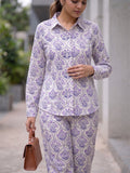 Women's Two Piece Set, Purple, Shirts with Wide Leg Trousers, Full Sleeve