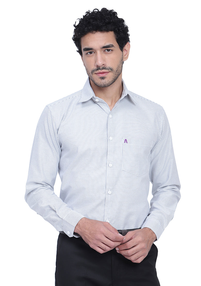 Men's Cotton Blend Fabric Full Sleeve Light Grey Strip Shirt