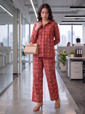 Women's Two Piece Set, Red, Shirts with Wide Leg Trousers, Full Sleeve