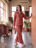 Women's Two Piece Set, Red, Shirts with Wide Leg Trousers, Full Sleeve