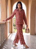 Women's Two Piece Set, Red, Shirts with Wide Leg Trousers, Full Sleeve