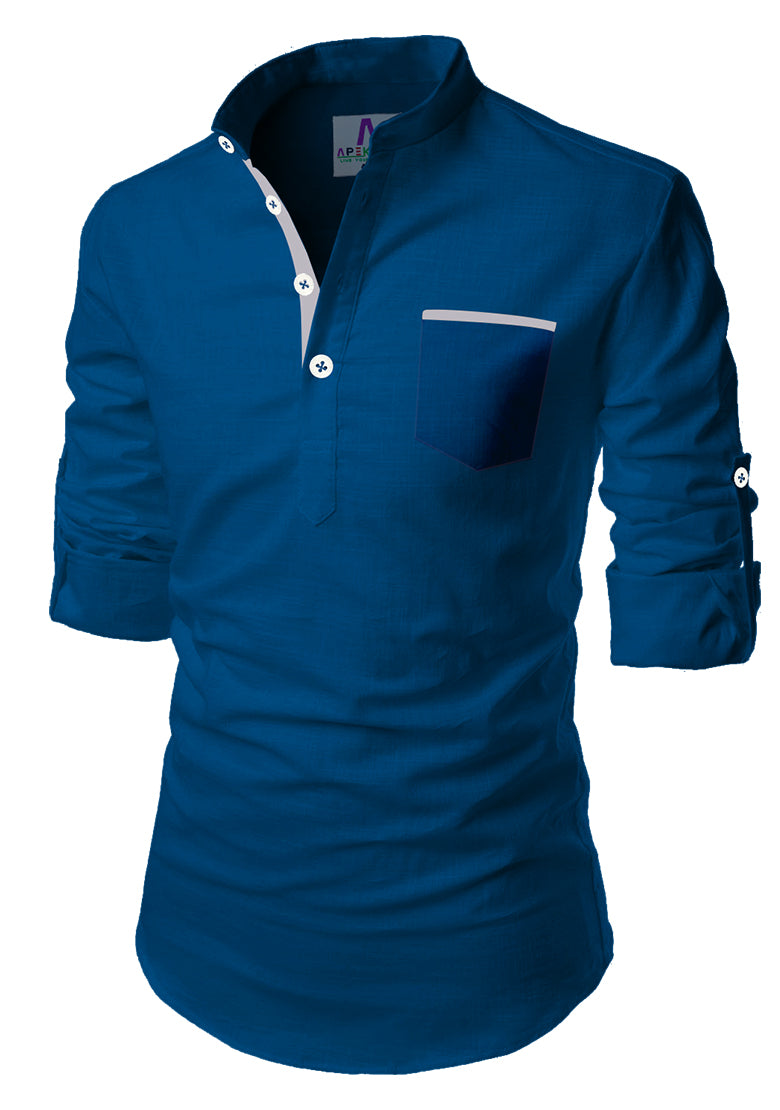 Men's Cotton Fabric Contrast Design Royal Blue Kurta