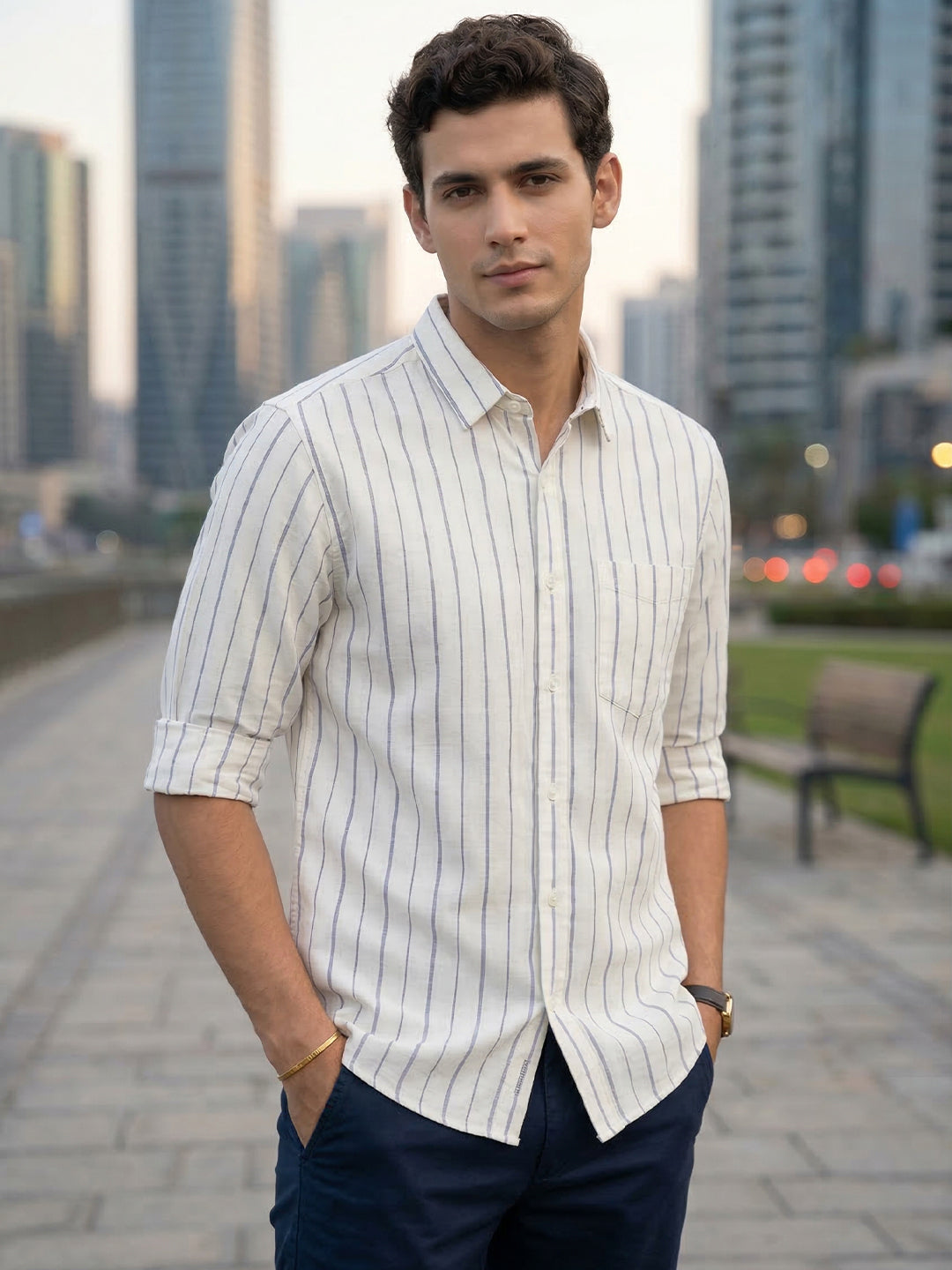 Men's 100% Cotton Fabric Full Sleeve White Casual Striped