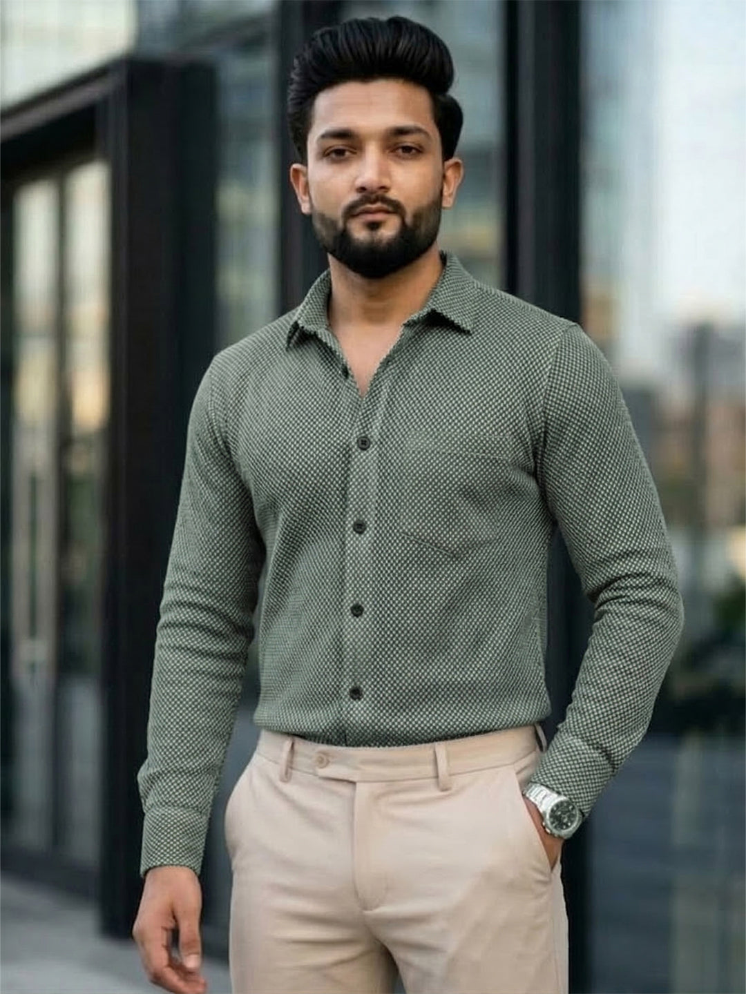 Men's 100% Cotton Fabric Full Sleeve Olive green Micro geometric or textured pattern Shirts