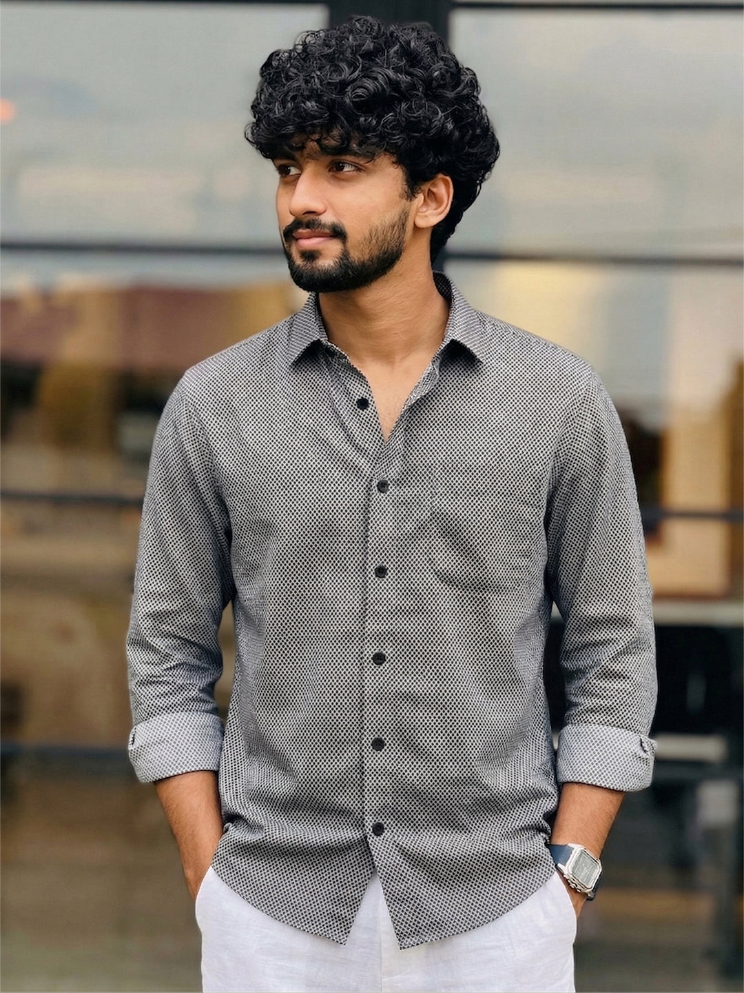 Men's 100% Cotton Fabric Full Sleeve grey micro-print button-down shirt