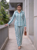 Women's Two Piece Set, Royal Blue, Shirts with Wide Leg Trousers, Full Sleeve