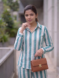 Women's Two Piece Set, Royal Blue, Shirts with Wide Leg Trousers, Full Sleeve