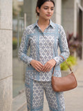 Women's Two Piece Set, Baby Sky Blue, Shirts with Wide Leg Trousers, Full Sleeve
