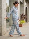 Women's Two Piece Set, Baby Sky Blue, Shirts with Wide Leg Trousers, Full Sleeve