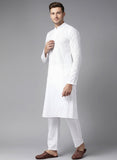 Men White Solid Chikankari Embroidered Mandarin Collar Cotton Kurta (AP31)