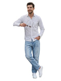 Men's 100% Cotton Fabric Full Sleeve White Casual Grey Striped Shirt