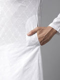 Men White Solid Chikankari Embroidered Mandarin Collar Cotton Kurta (AP31)