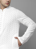Men White Geometric Embroidered Chikankari Pure Cotton Kurta (AP29)