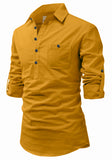 Men's Cotton Fabric Roll Up Sleeve Spread Collar Yellow Kurta