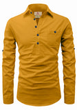 Men's Cotton Fabric Roll Up Sleeve Spread Collar Yellow Kurta